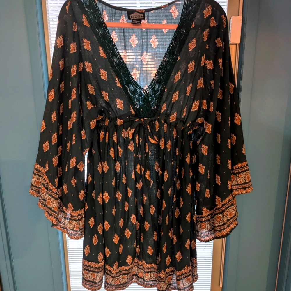 Angie-Bohemian Green and Floral Patterned Cinch Waist, Wide Sleeve Dress